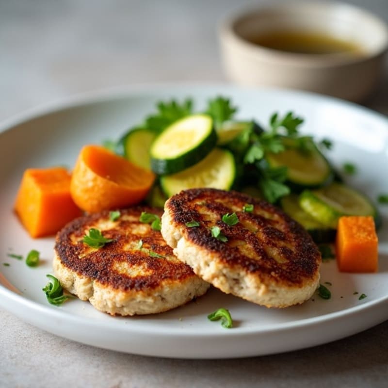 Seared Turkey Patties with Roasted Zucchini and Sweet Potato
