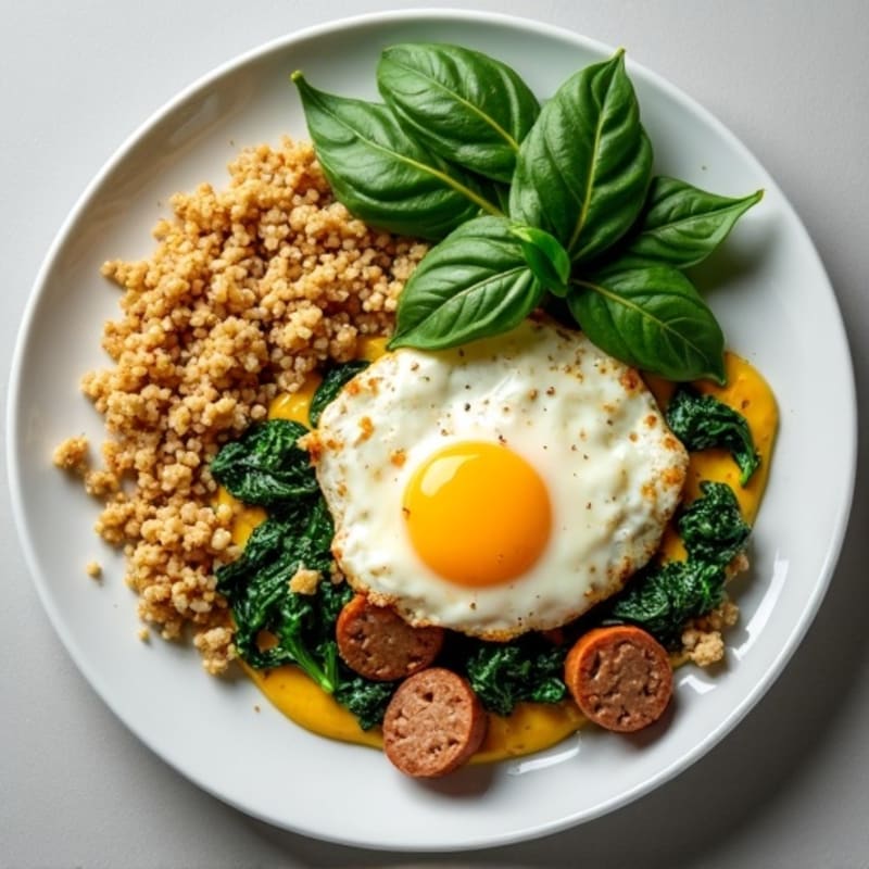 Egg White and Turkey Sausage Scramble with Sautéed Spinach and Quinoa