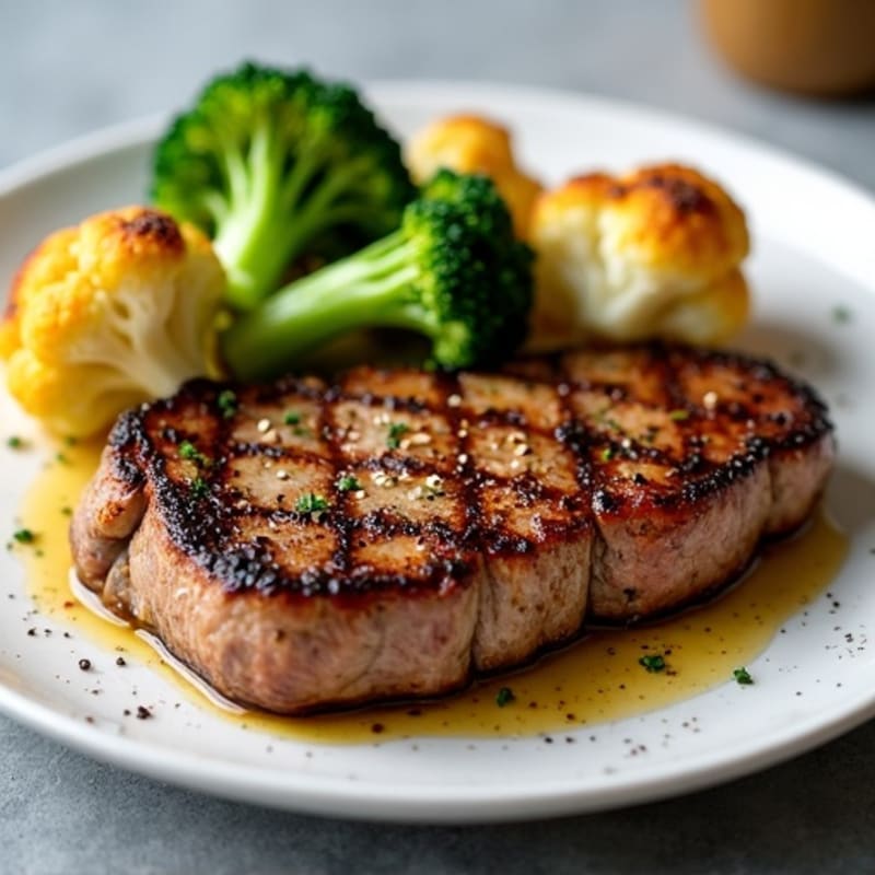 Seared Steak with Roasted Broccoli and Cauliflower