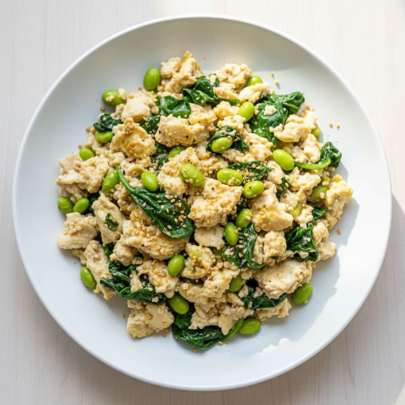Silky Tofu Scramble with Edamame and Spinach