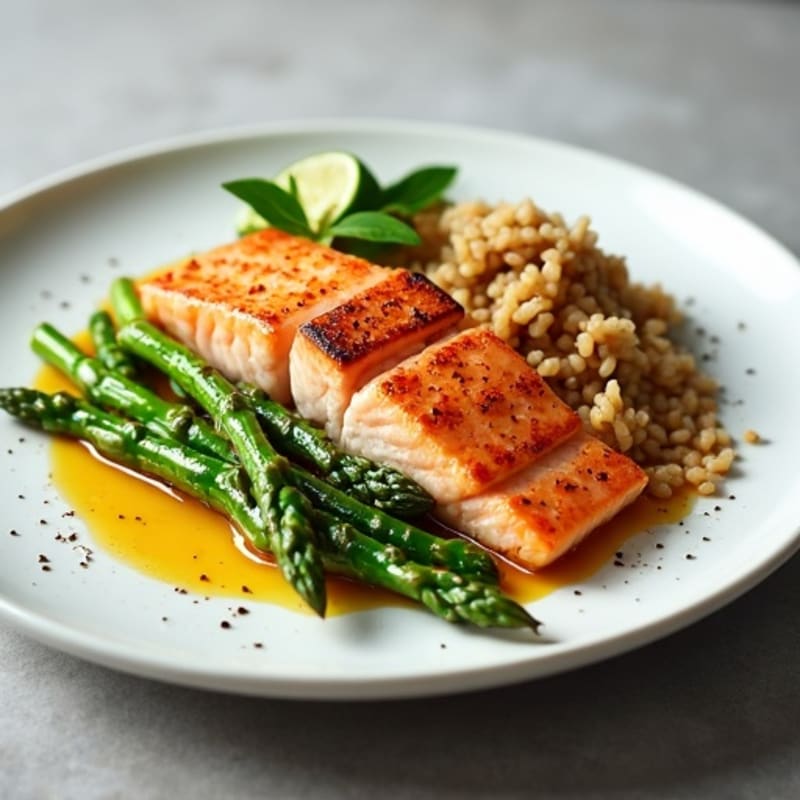 Seared Salmon with Steamed Asparagus and Brown Rice