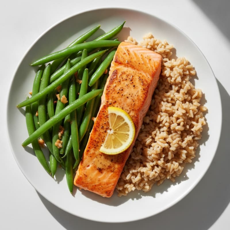 Seared Salmon with Garlic Green Beans and Brown Rice