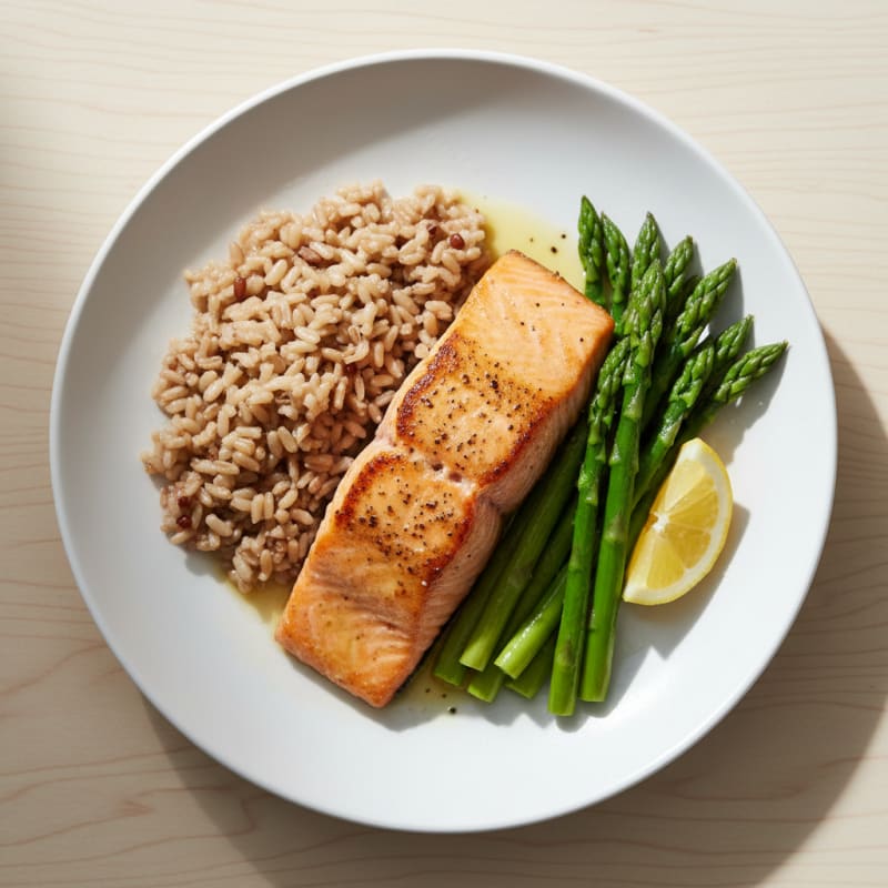 Seared Salmon with Steamed Asparagus and Brown Rice