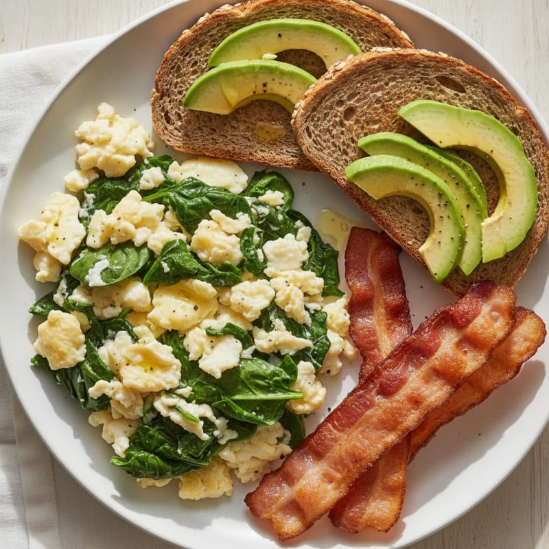 Crispy Turkey Bacon and Egg White Scramble with Spinach