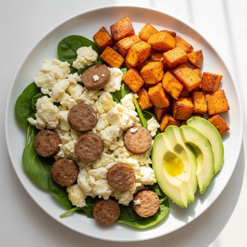 Egg White Scramble with Turkey Sausage and Roasted Sweet Potatoes