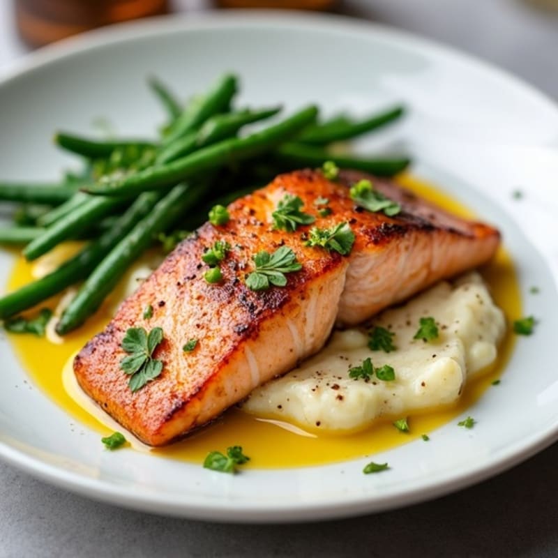 Seared Salmon with Garlic Green Beans and Cauliflower Mash