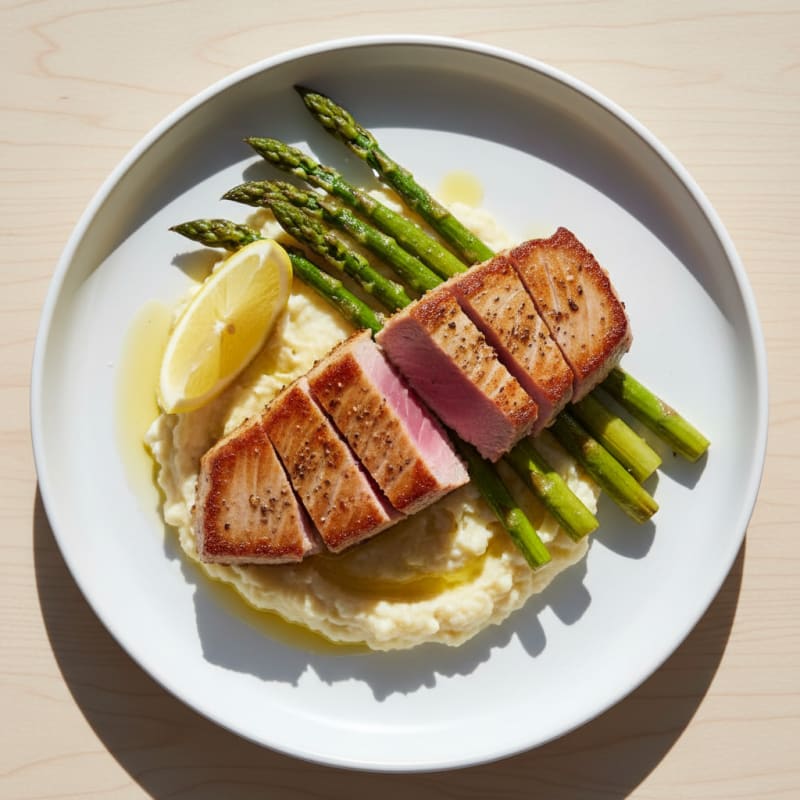 Seared Tuna Steak with Roasted Asparagus and Cauliflower Mash
