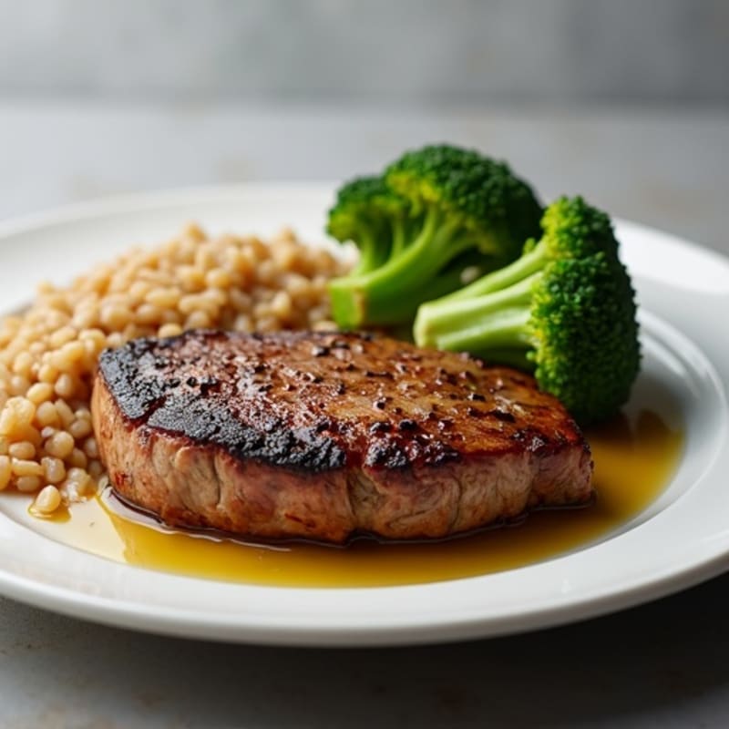 Seared Steak with Roasted Broccoli, Brown Rice, and Beans
