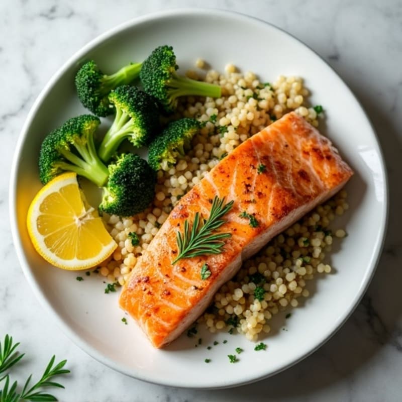 Seared Salmon Filet with Roasted Broccoli and Herbed Quinoa