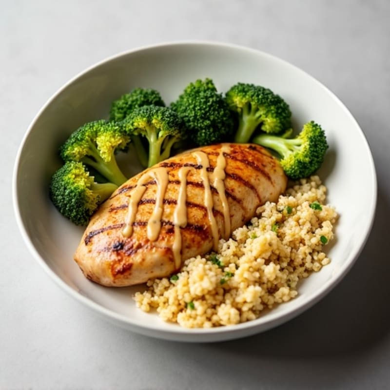 Grilled Chicken Breast with Quinoa, Roasted Broccoli and Lemon Tahini Drizzle