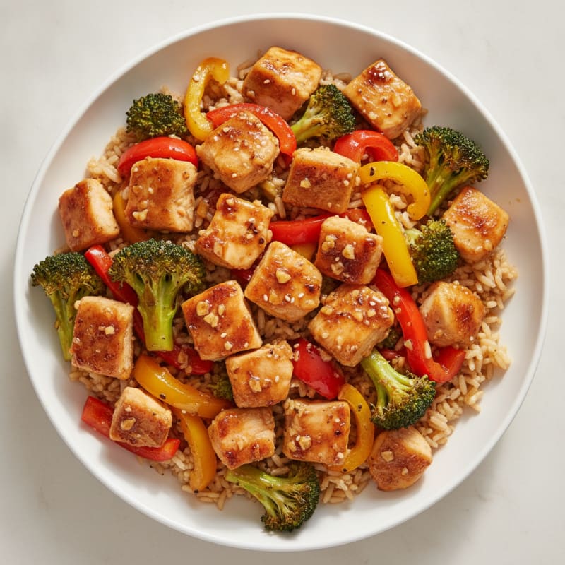 Sheet Pan Honey-Garlic Chicken, Broccoli, and Peppers over Rice