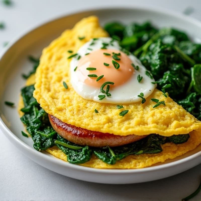 Fluffy Egg Omelette with Sautéed Spinach and Herbs