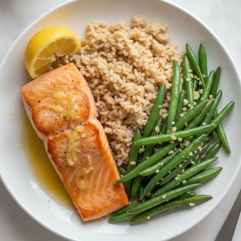 Seared Salmon with Garlic Green Beans and Brown Rice