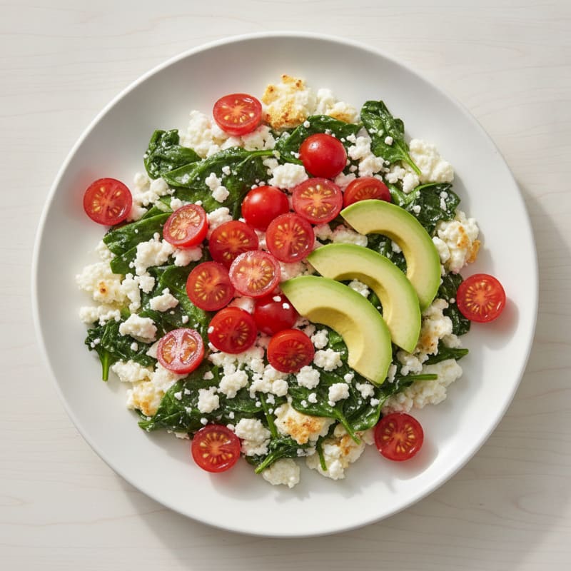 Egg White and Spinach Scramble with Cottage Cheese and Fresh Tomatoes