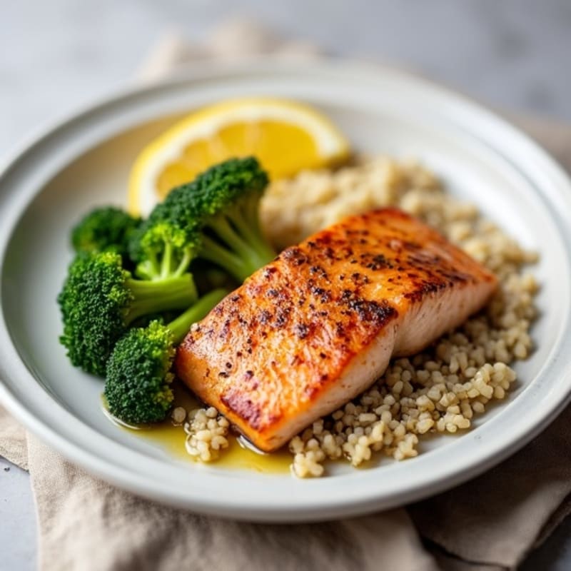 Seared Salmon with Steamed Broccoli and Quinoa