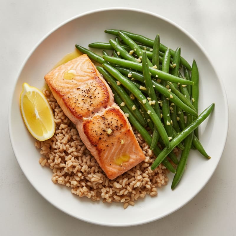 Seared Salmon with Garlic Green Beans and Brown Rice