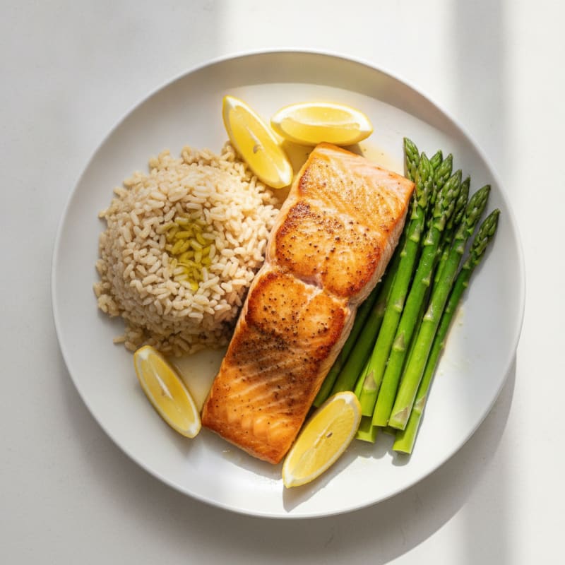 Seared Salmon with Steamed Asparagus and Brown Rice