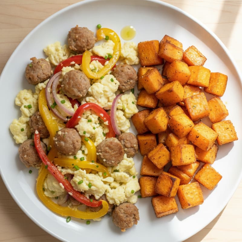 Egg White and Chicken Sausage Scramble with Roasted Sweet Potatoes
