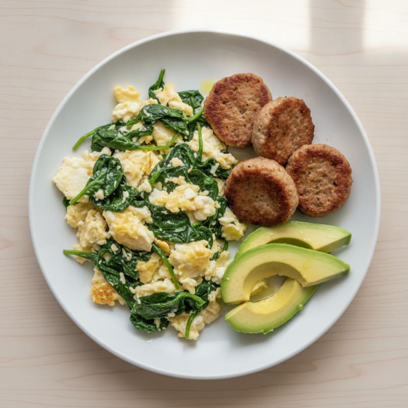 Egg White Spinach Scramble with Turkey Sausage