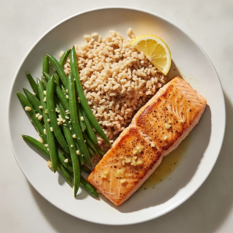 Seared Salmon Fillet with Garlic Green Beans and Brown Rice