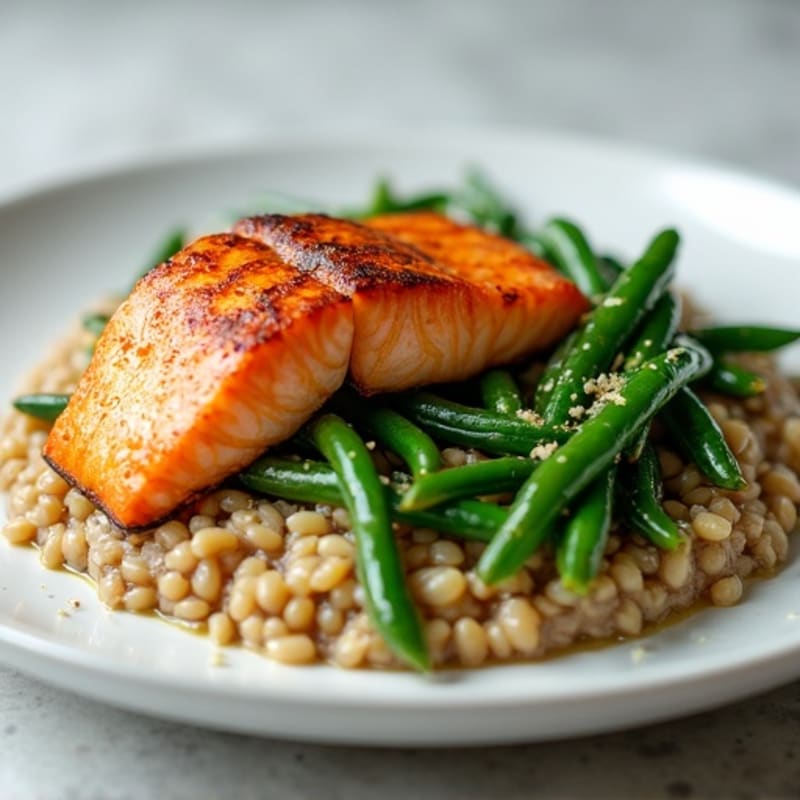 Seared Salmon Fillet with Garlic Green Beans and Lentil Mash
