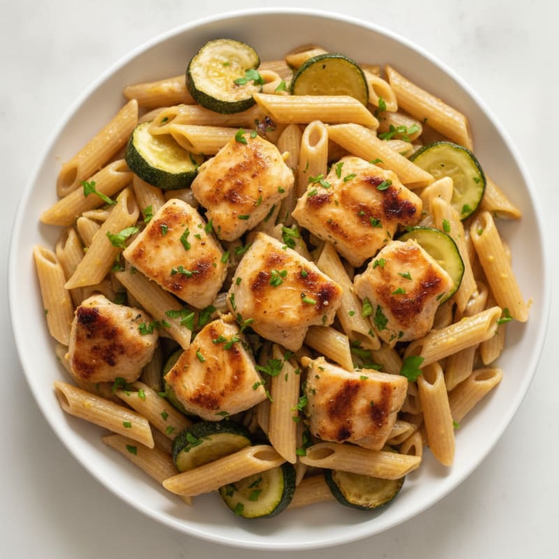 Lemon Garlic Chicken Pasta with Roasted Zucchini