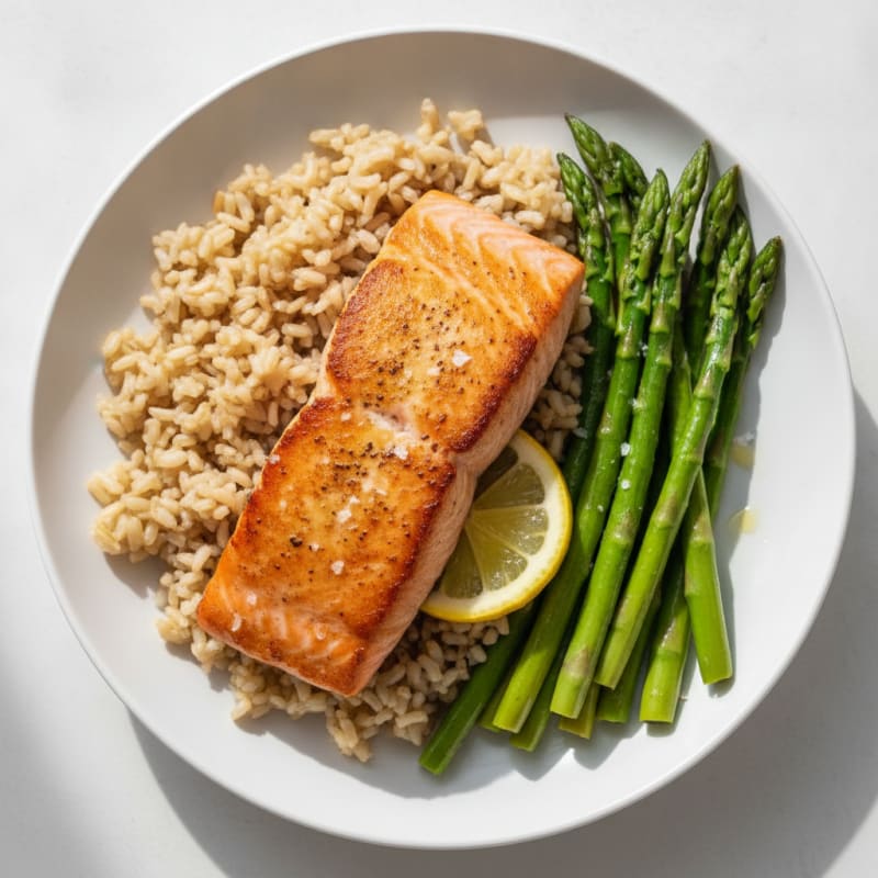 Seared Salmon with Steamed Asparagus and Brown Rice