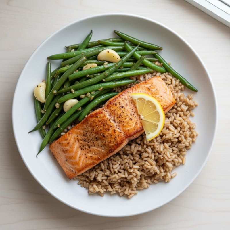 Seared Salmon Fillet with Garlic Green Beans and Brown Rice