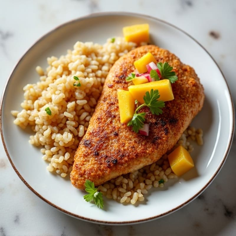Pan-Seared Coconut Chicken with Fresh Mango Salsa and Brown Rice