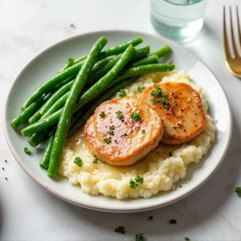 Seared Turkey Medallions with Garlic Green Beans and Mashed Cauliflower