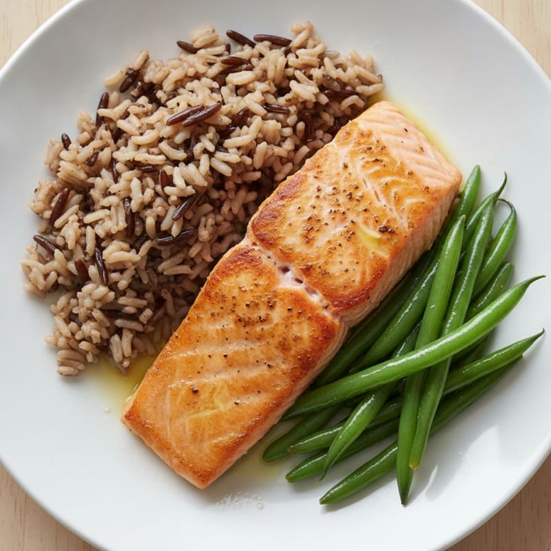 Seared Salmon Fillet with Steamed Green Beans and Wild Rice