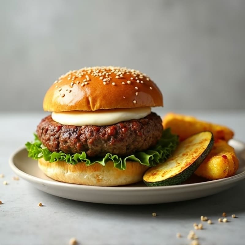 Lean Beef Burger with Melted Mozzarella and Crispy Baked Zucchini Sticks