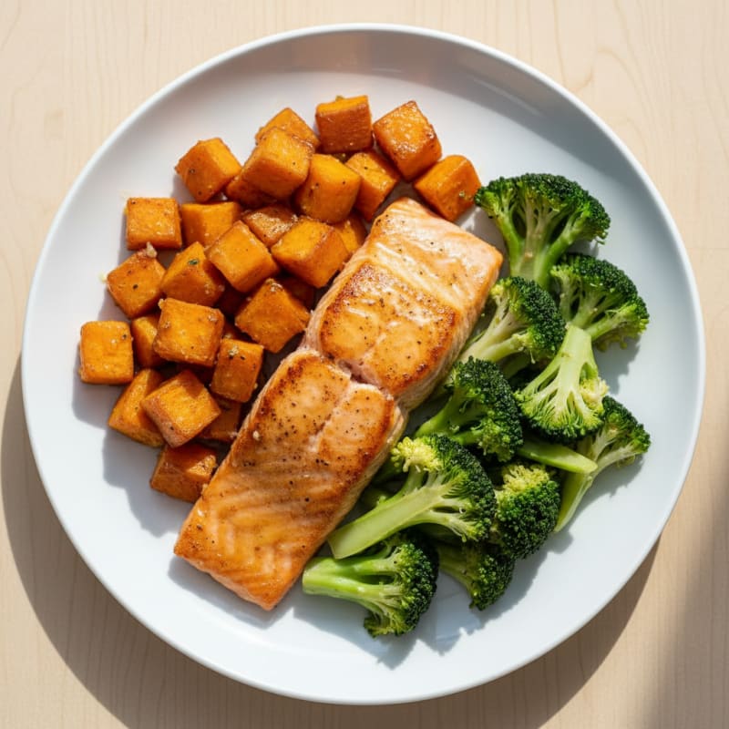 Seared Salmon with Roasted Sweet Potato and Steamed Broccoli