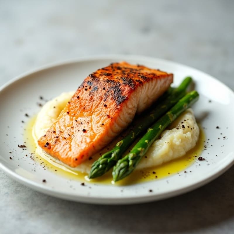 Seared Salmon Fillet with Steamed Asparagus and Cauliflower Mash