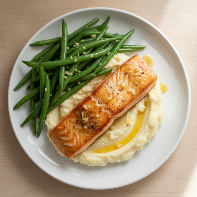 Seared Salmon with Garlic Green Beans and Mashed Cauliflower