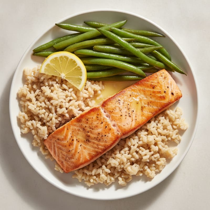 Seared Salmon with Steamed Green Beans and Brown Rice