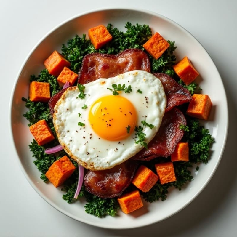 Crispy Sweet Potato and Kale Hash with Fried Egg and Turkey Bacon