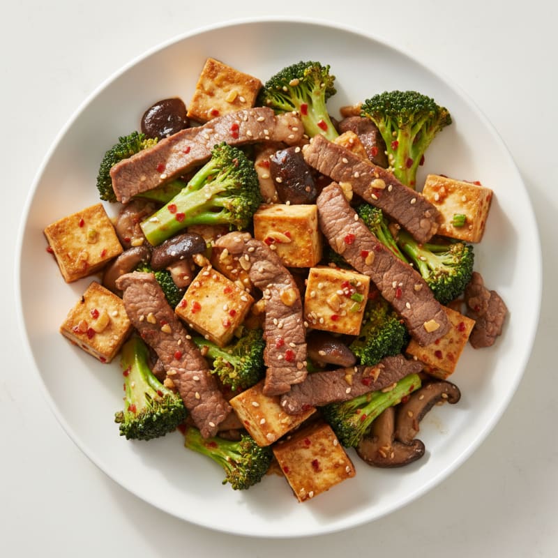 Seared Tofu and Beef Stir-Fry with Broccoli and Mushrooms