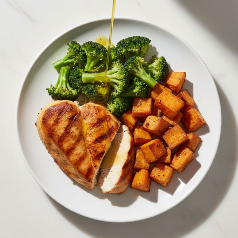 Seared Chicken Breast with Roasted Sweet Potatoes and Steamed Broccoli
