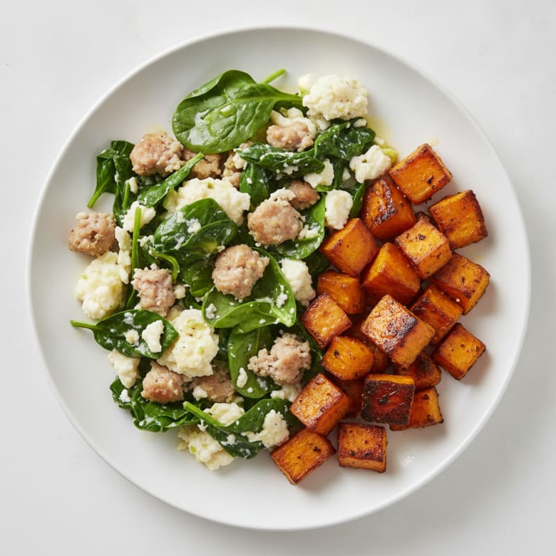Egg White and Turkey Sausage Scramble with Spinach and Sweet Potato