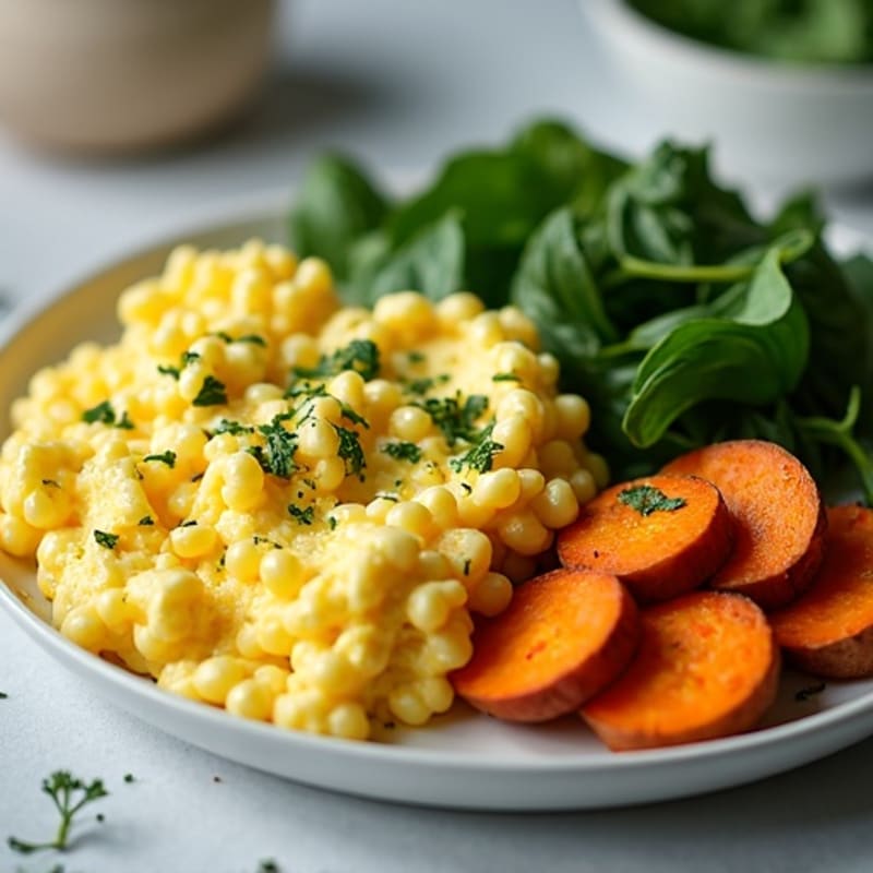 Fluffy Scrambled Eggs with Fresh Spinach and Roasted Sweet Potatoes