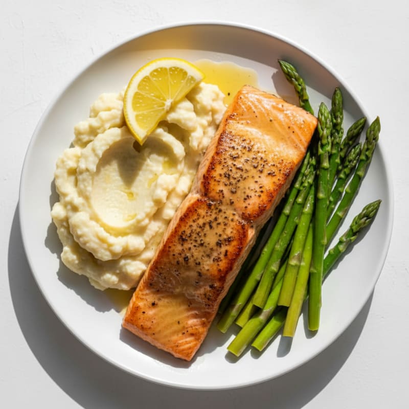 Seared Salmon with Steamed Asparagus and Cauliflower Mash