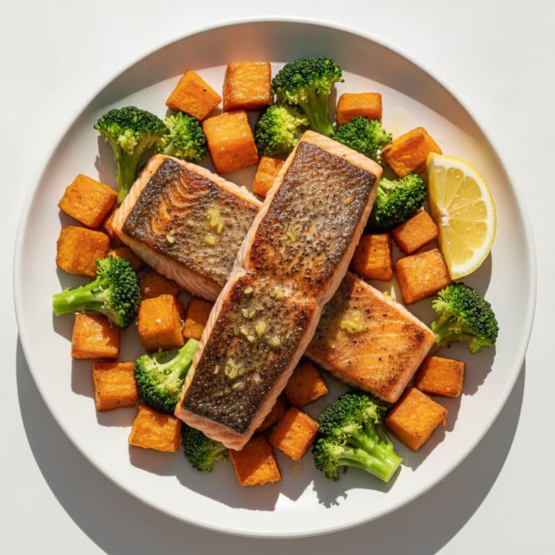 Seared Salmon with Roasted Sweet Potato and Steamed Broccoli