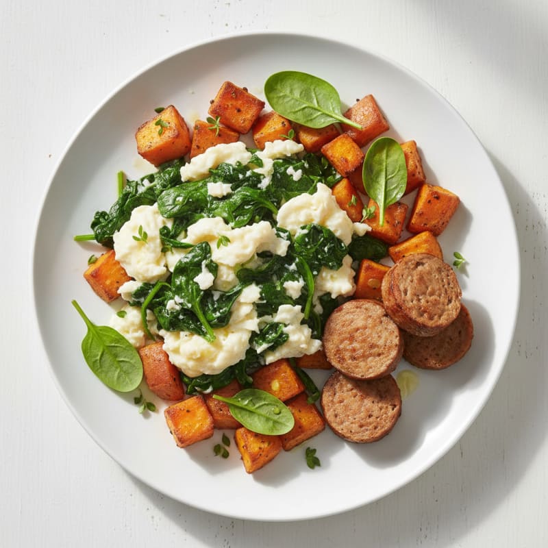 Egg White Spinach Scramble with Turkey Sausage and Roasted Sweet Potatoes