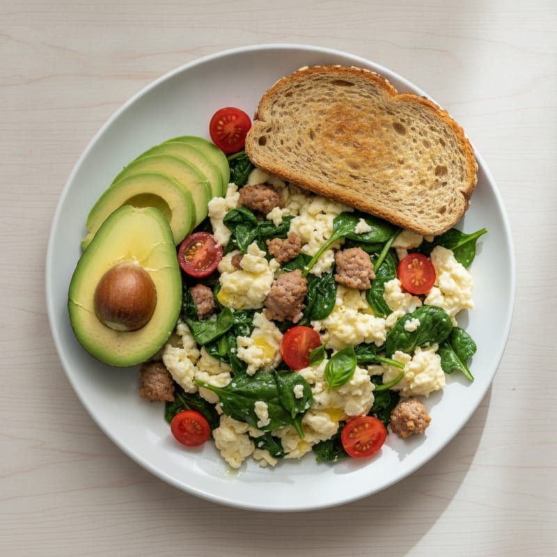 Egg White Scramble with Turkey Sausage and Spinach