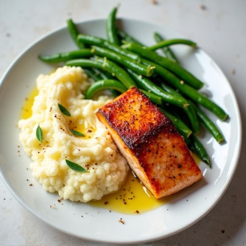 Seared Salmon Fillet with Garlic Green Beans and Cauliflower Mash