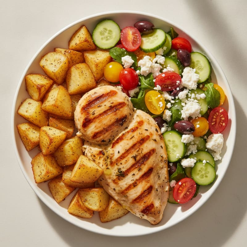 Grilled Chicken Breast with Roasted Potatoes and Greek Salad