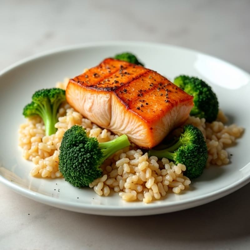 Seared Salmon with Brown Rice and Steamed Broccoli