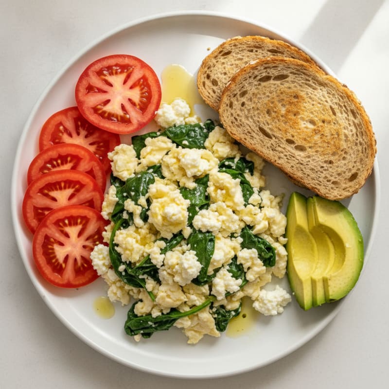 Egg White Spinach Scramble with Cottage Cheese and Sliced Tomatoes