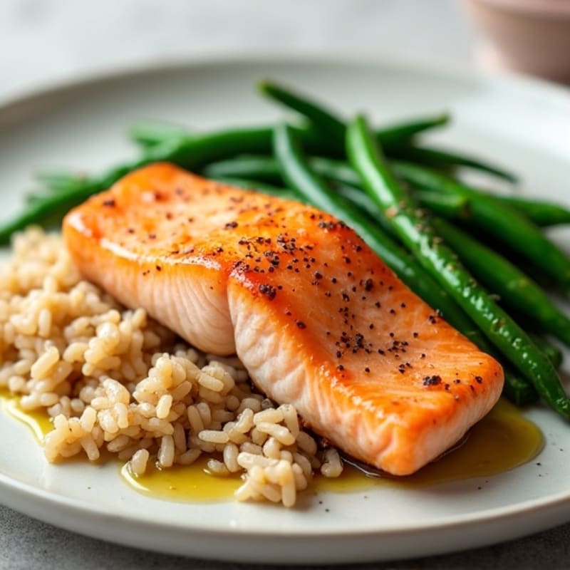 Seared Salmon with Steamed Green Beans and Brown Rice